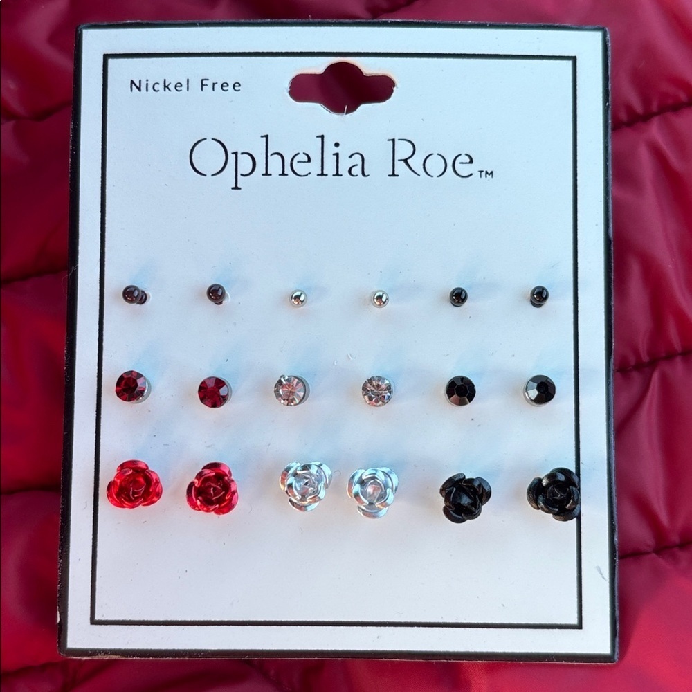 Ophelia Roe 9 Pairs of Nickel-Free Stud Earrings Crystal Ball Flower Metal 3D